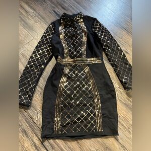 GUC Venus cocktail‎ dress black w/ gold sequins medium 8 long sleeve